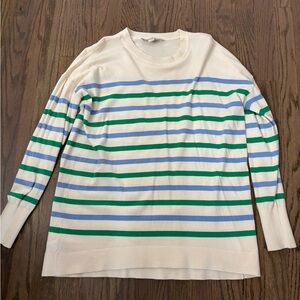 LOFT Cream Tunic Sweater with Blue and Green Stripes
